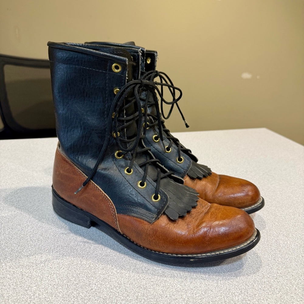 Women's 7 M Brown Black Lace Up Texas American Made Kiltie Cowboy Boots 4460